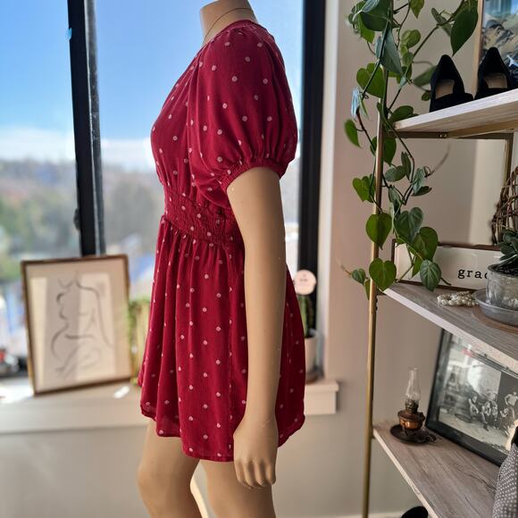 En Crème, Red/White Polka Dot Bohemian Ruched Waist Mini Dress, Women’s Medium - Picture 4 of 9